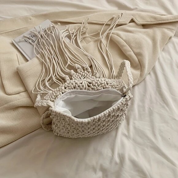 Crochet Boho Chic Woven Rope Tassel Crossbody -Ivory - NWT - Picture 7 of 8